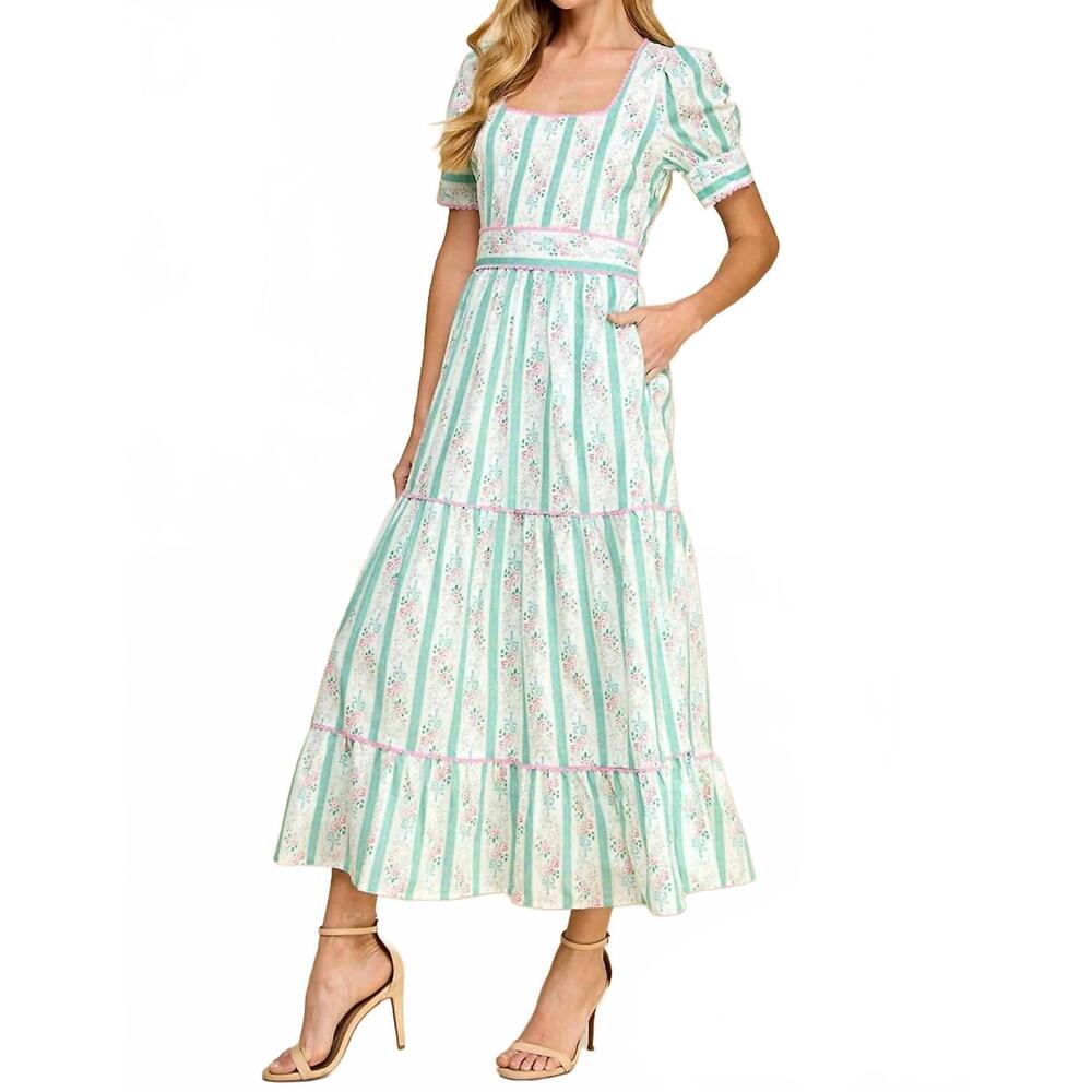 NEW TCEC puff sleeve midi dress in pastel floral stripe - Picture 3 of 5